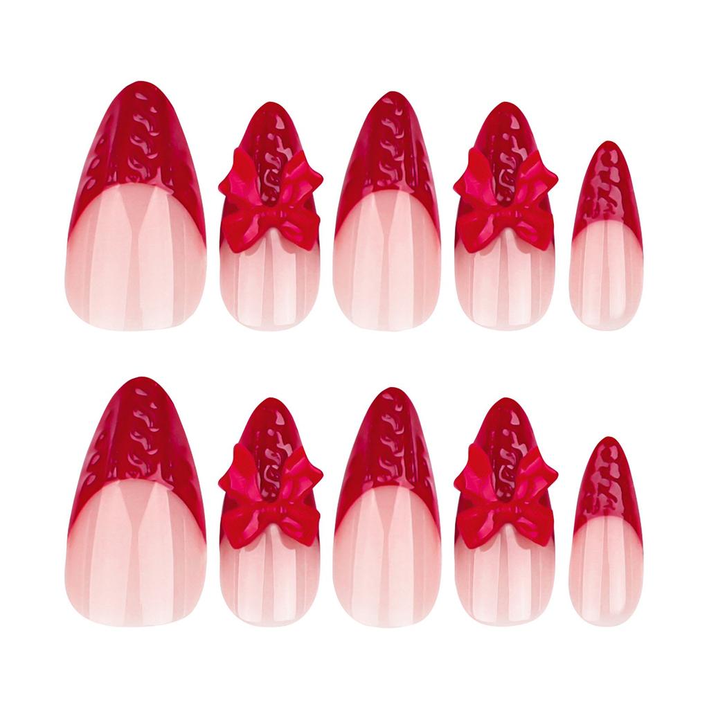 Women's Red Wearable Nails Christmas Manicure False Nails Bow Nail Tips(Glue 2ml)