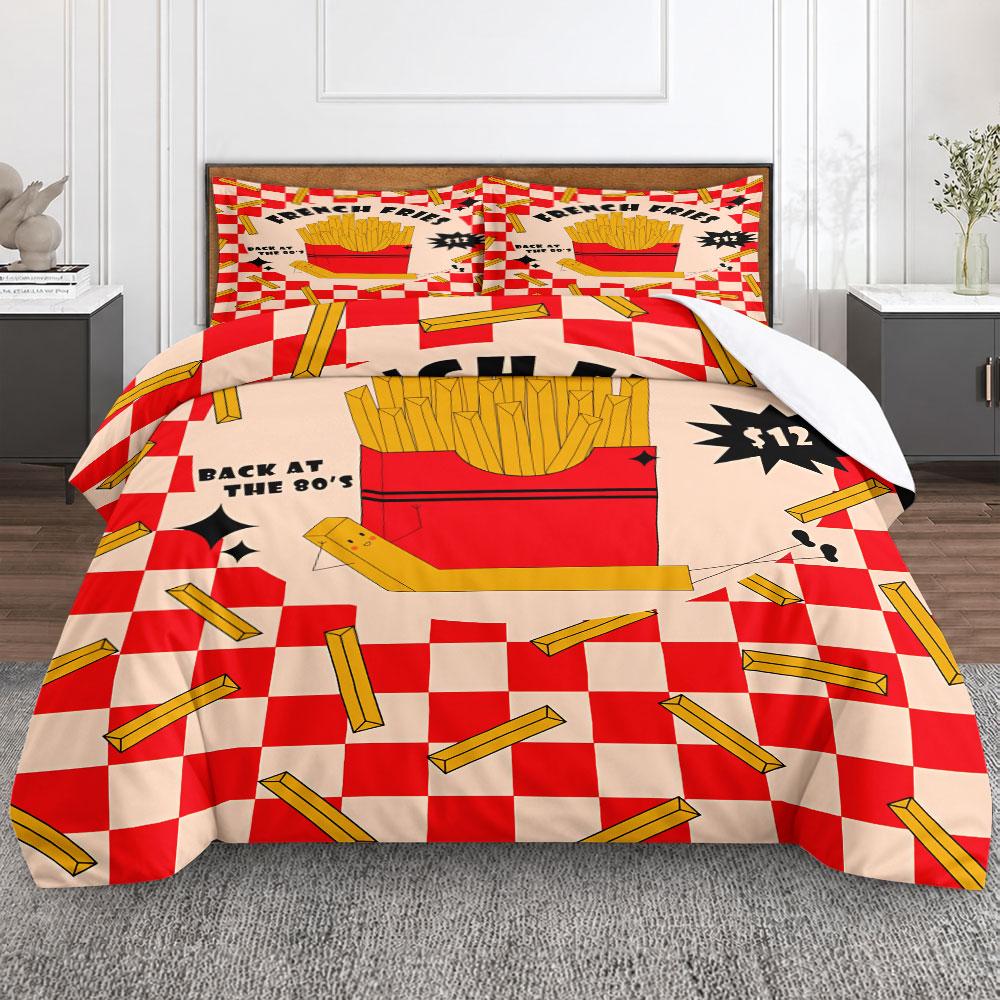 Artistic French Fries Retro Diner Red Bedding Set, Fashion Duvet Cover for Stylish Bedroom, Soft Cotton Feel Duvet Cover