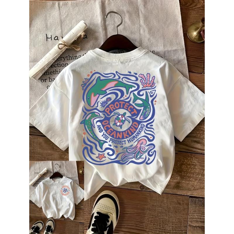 Protect Ocean Kind "geometric Print Summer Round Neck Short Sleeved Casual Cotton Comfortable T-shirt Top