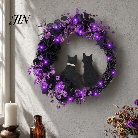 Spooky Cat And Moon Garland Halloween Floral Garland, with String Lights, Black Silhouette Maple Leaf Wreath, for Front Door Indoor Outdoor Wall Decor