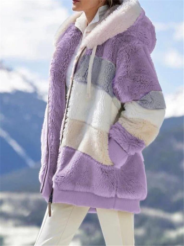 Women's Loose Fit Multi-Color Plush Hooded Jacket - Autumn/Winter 2021
