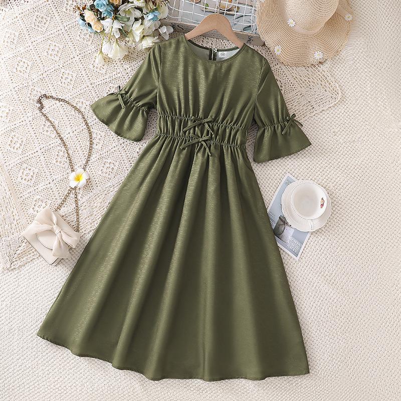 

Весна/Лето 2026 Ретро зеленое детское платье-принцесса с короткими рукавами и зауженной талией 130cm (8Y) темно-зеленого