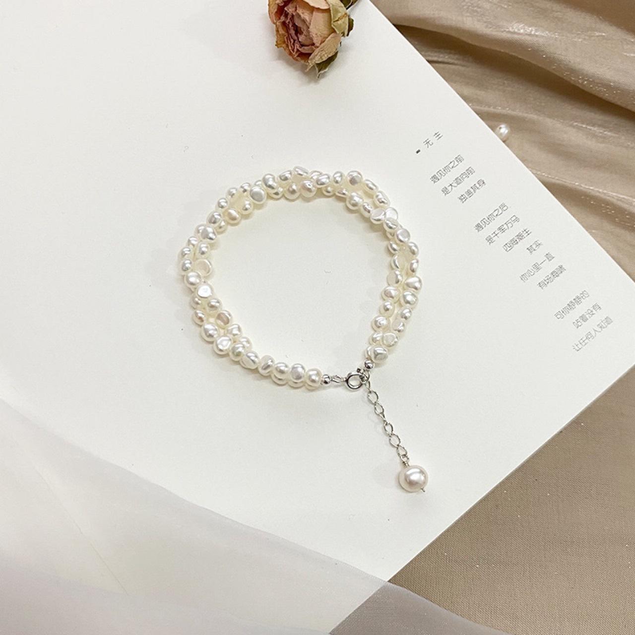 Natural Baroque Freshwater Pearl Bracelet Handwoven Double Layer Bracelet Simple Pearl Bracelet 16cm? extension chain 3cm