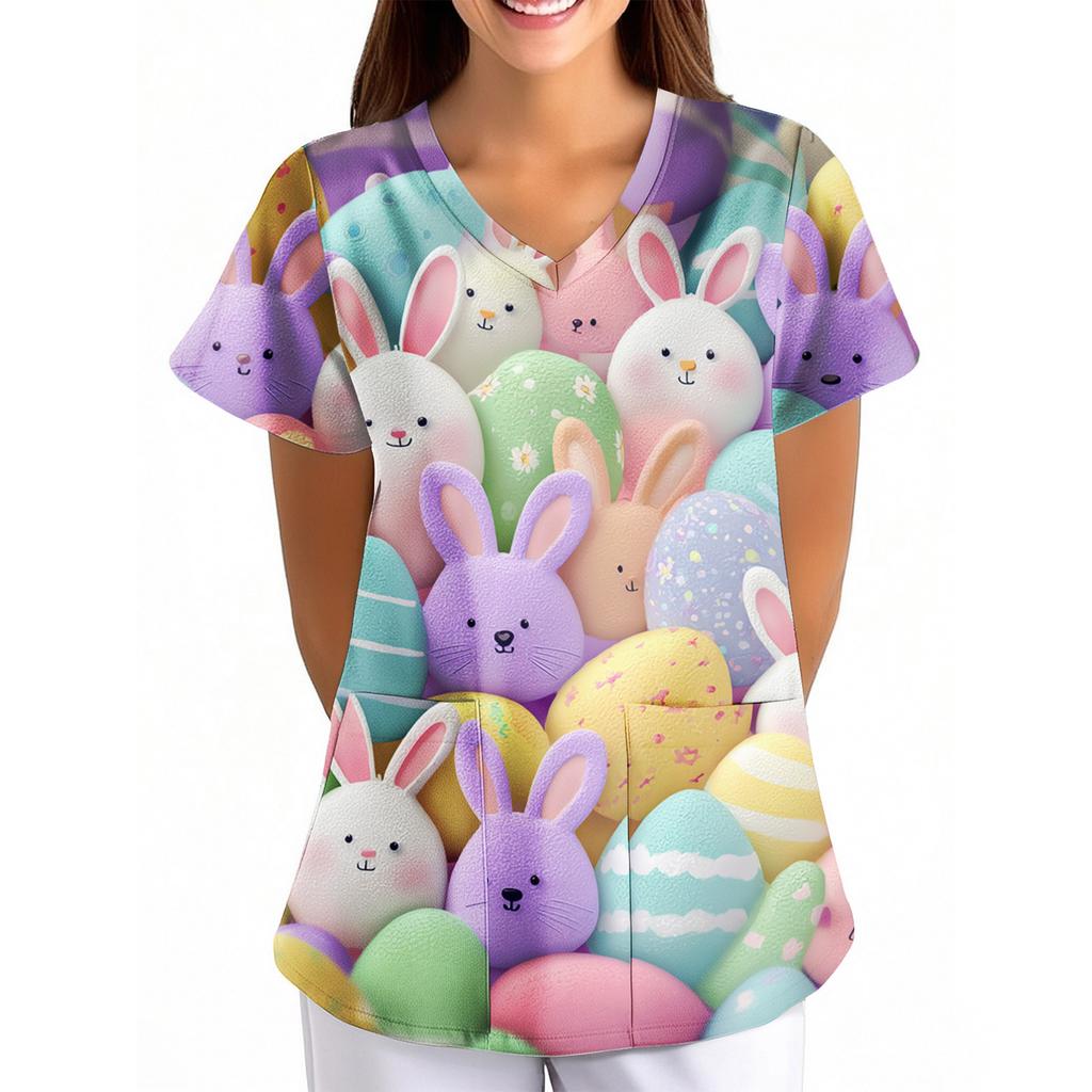 Dámské velikonoční potisk volný V-výstřih kapsa krátký rukáv Ošetřovatel/ Uniforma