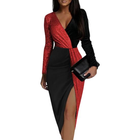 V-Ausschnitt Hüftumspielendes Langarmkleid mit Schlitzsaum Elegant Damen Elegant Glitzer Pailletten Glänzend Patchwork Langes Kleid Partykleidung