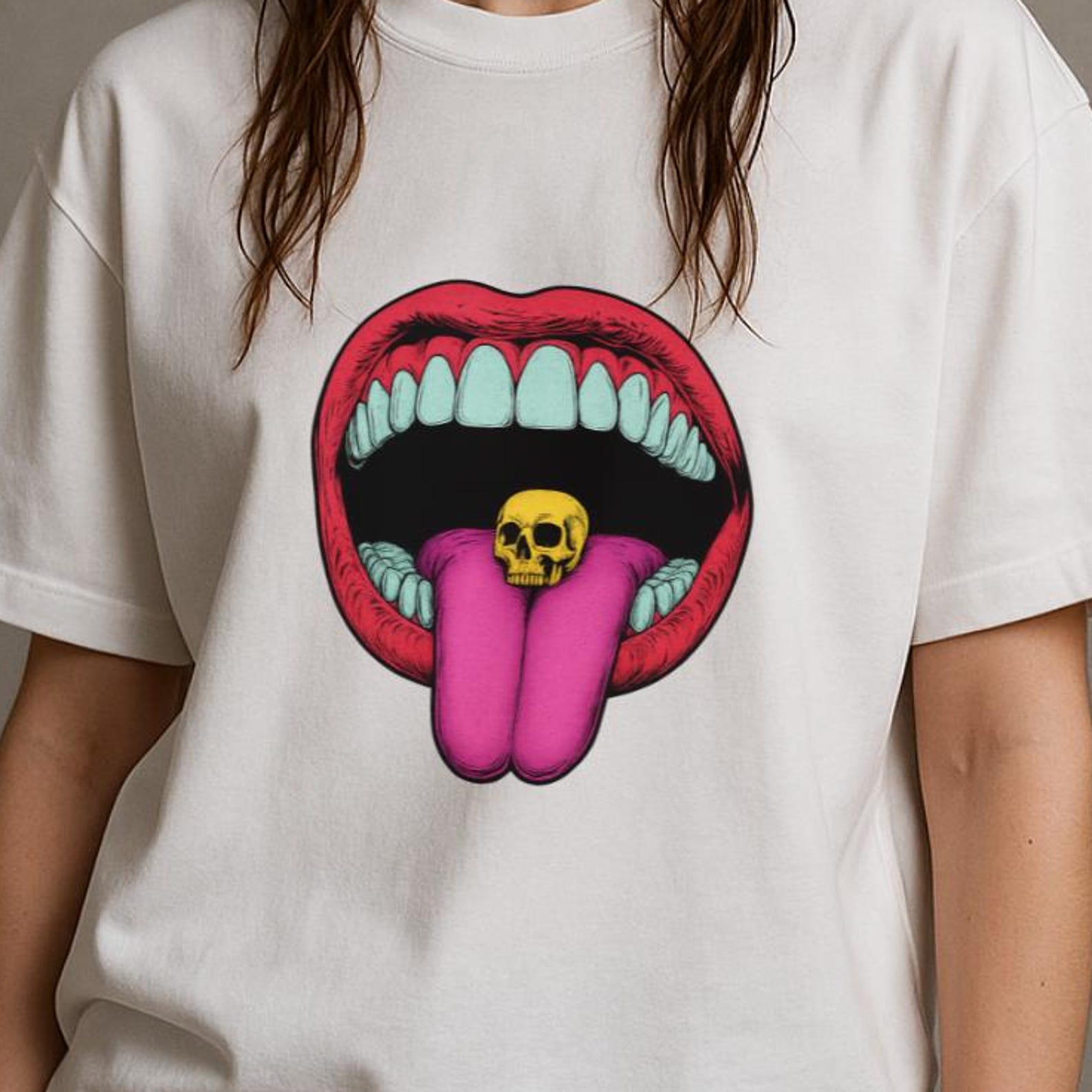 Psychedelic Skull Graphic Tee: Neon Trippy Pop Art Streetwear XL