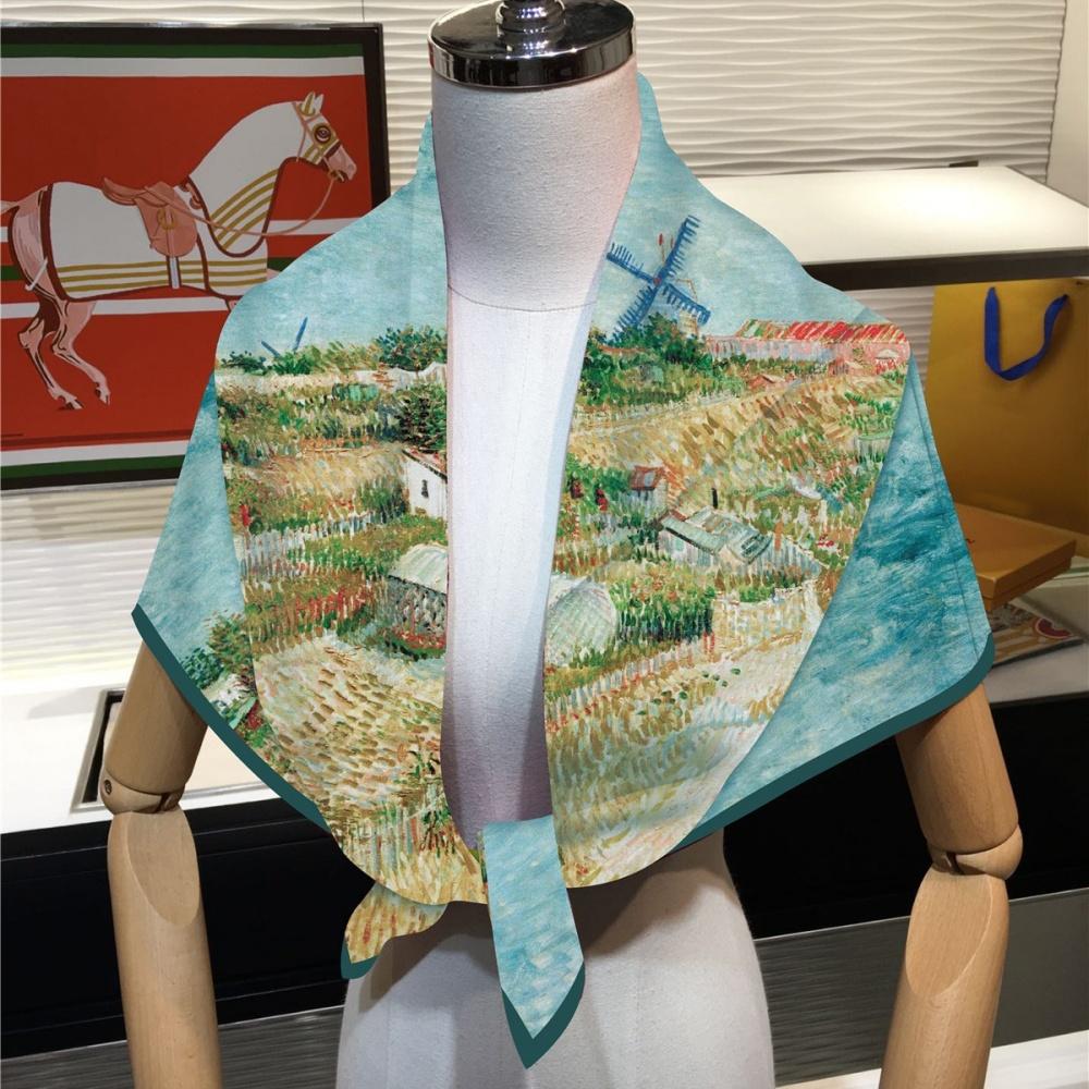 90Cm Twill Silk Scarf Fashion Shawl Van Gogh Oil Painting Square Scarf Women Hijab Bandana Foulard Head Scarves Wraps