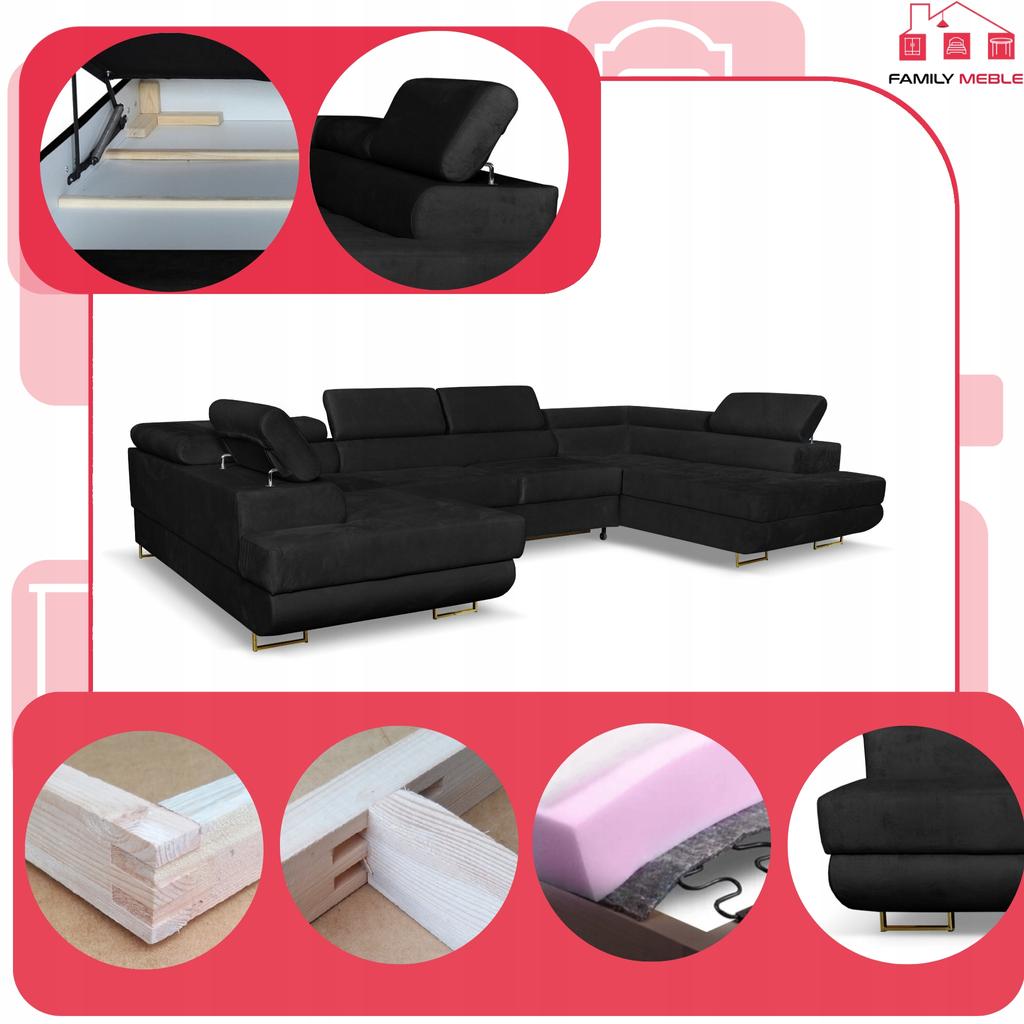U-shaped Corner Sofa Bed, Extendable F. Bosso Family Sleeping Furniture Black Velvet