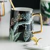 Golden Edged Ceramic Mug Spoon Lid Flower Bird Breakfast Cup Large Capacity Water Cups Coffee Cup Milk Tea Cups Flower Tea Mug
