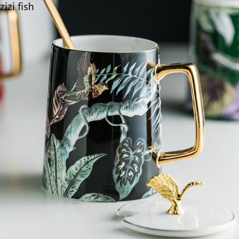 Golden Edged Ceramic Mug Spoon Lid Flower Bird Breakfast Cup Large Capacity Water Cups Coffee Cup Milk Tea Cups Flower Tea Mug