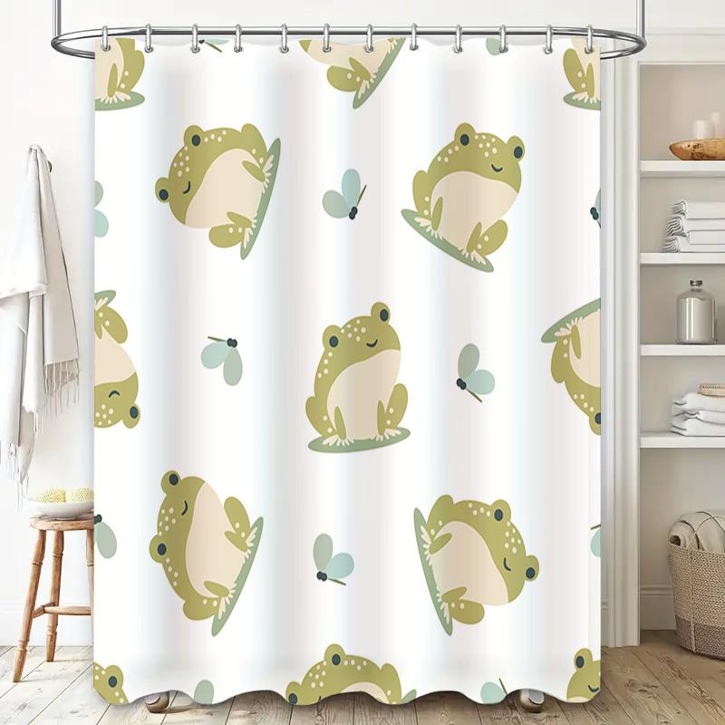 Adorable Frogs Dragonflies Shower Curtain Kids Bathroom Decor Set for Home Decoration with Hooks (Green)