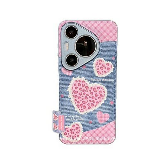 Leopard Heart Leather Denim Texture Phone Case for iPhone 16/15/11 - Compatible with iPhone 17 Pro Max