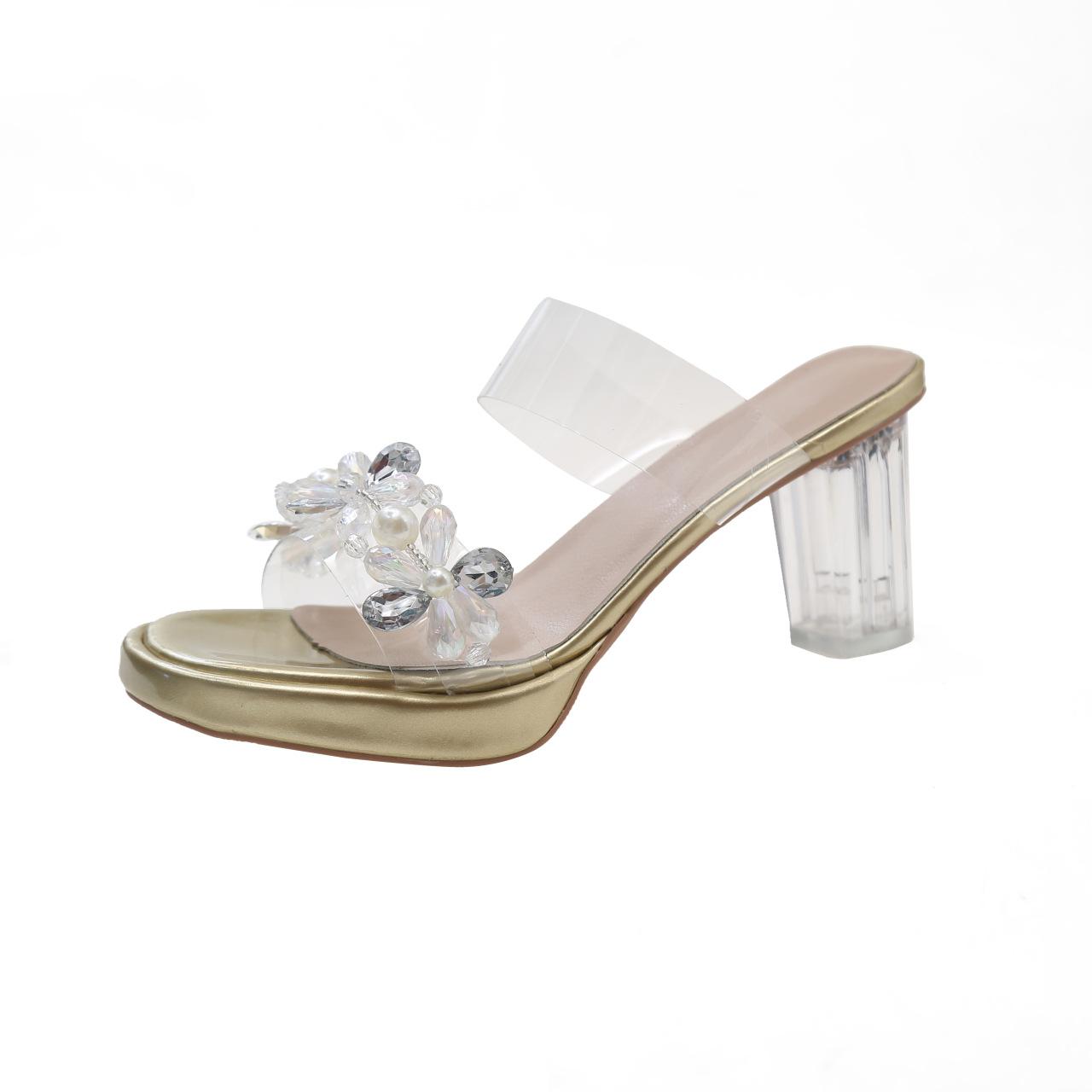 

Французские прозрачные хрустальные инкрустированные бриллиантами туфли на толстом каблуке женская обувь 2025 новая летняя одежда босоножки на высоком каблуке со стразами большой размер 40 золотой
