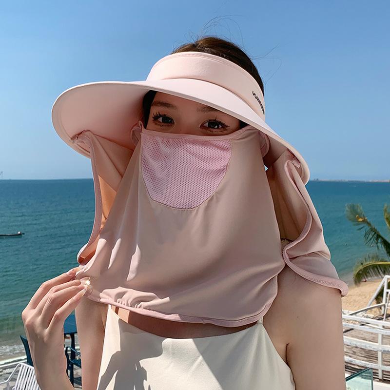8547 Summer outdoor sunscreen visor removable shawl mask empty top hat big brim ponytail hat women