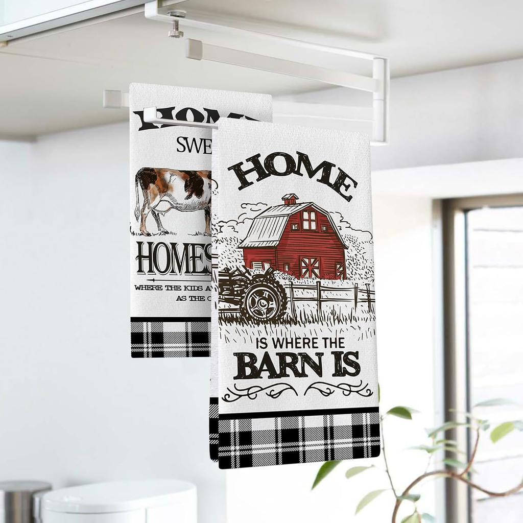 Farm Animals Kitchen Dish Towels Set of 2, Farmhouse Cow Rooster Barn Drying Hand Towel Baking Cooking Cloth, Homestead Tractor Sweet Home Decoration