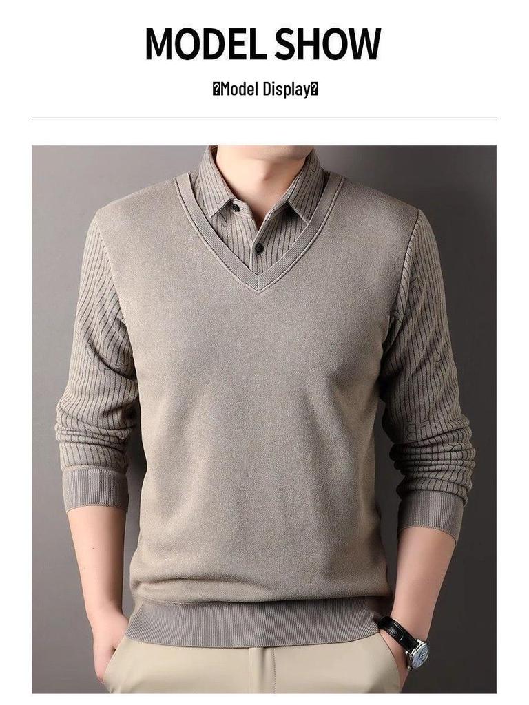Men's Faux Two-Piece Lapel Knit Sweater - Thermal Velvet Base Layer for Autumn/Winter
