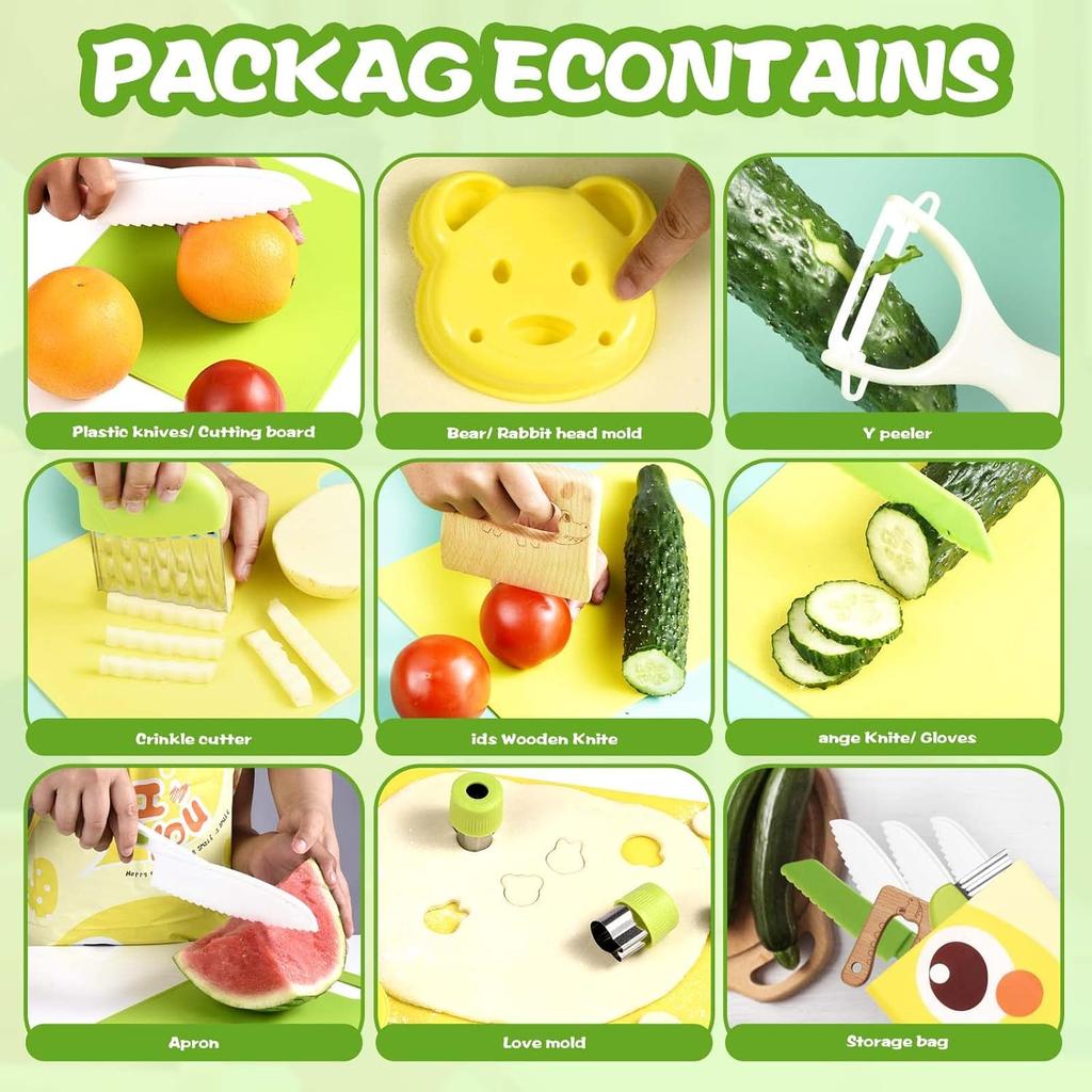 18 Pieces Montessori Kitchen Tools Cookware Baking Toy for Toddlers Kids, Toddler Safe Knife Set for Real Cooking, W/ Cutting Boards, Crinkle Cutter,