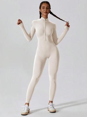 Macacão feminino justo de manga comprida com zíper, alta elasticidade, calças esportivas para ioga, modelagem slim, confortável e amigo da pele.