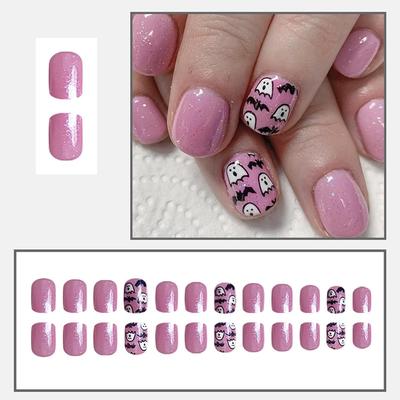 Unhas Postiças Rosa de Halloween Curtas Quadradas Design Fantasma Morcego - Glitter Cola-on Cobertura Total Acrílicas - Unhas Artificiais Fofas Brilhantes de Halloween