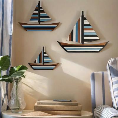3 Pcs Wooden Sailboat Wall Decor Coastal Nautical Hanging Sailboat Wall Art Rustic Ocean Shipping Boat Sculpture for Home Bathroom Living Room Bedroom