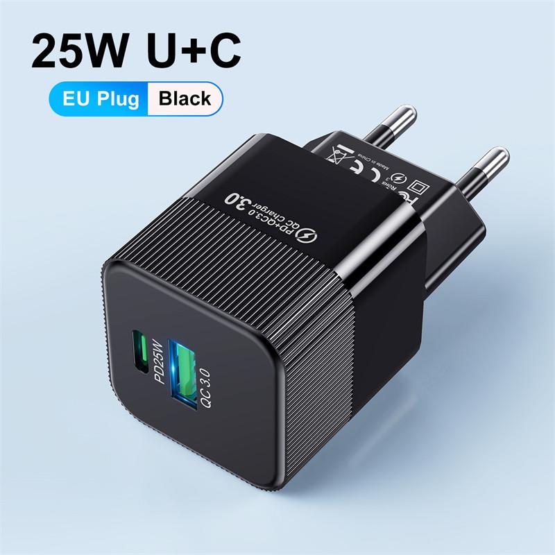 

2 порти PD 25W Mini USB C швидкий зарядний пристрій для iPhone 15 Pro Max Xiaomi телефон швидка зарядка KR ЄС США штекер адаптер для подорожей Black EU