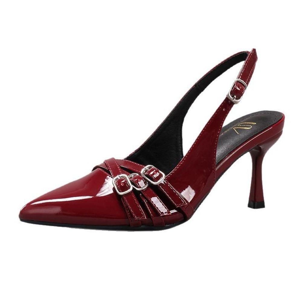 Sandals Women Summer Women's High Heels Metal Belt Buckle Decorative Burgundy Sexy Pointed Kitten and Fashion Banquet Sandals