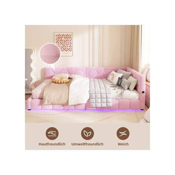 Canapé-lit - MUVOE - 140x200 cm - Laine rose - LED ambiance - Chargeur USB