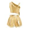 Girls Metallic Tassels Jazz Dance Outfit Asymmetrical Shoulder Crop Top Elastic Waist Shiny Tutu Skirt