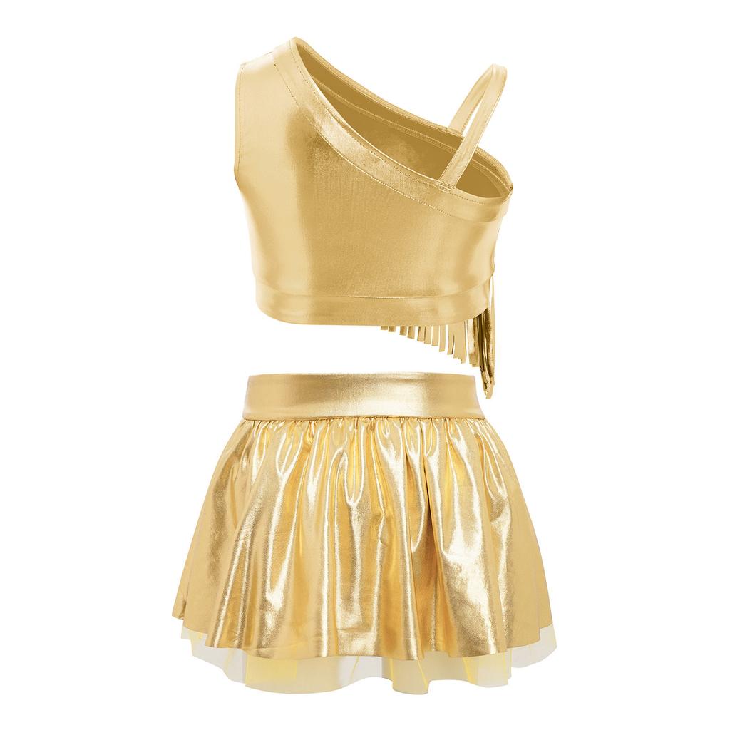 Girls Metallic Tassels Jazz Dance Outfit Asymmetrical Shoulder Crop Top Elastic Waist Shiny Tutu Skirt