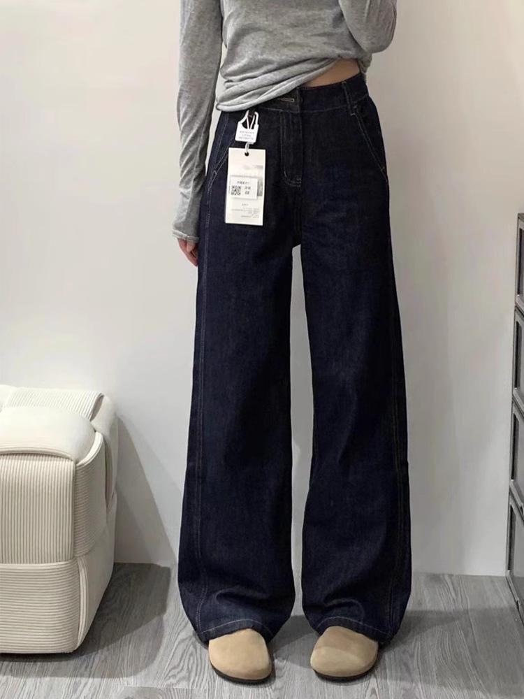 Women's 2025 Dark Blue High-Waisted Wide-Leg Denim Jeans - Autumn Collection, Loose Fit, Floor-Length.