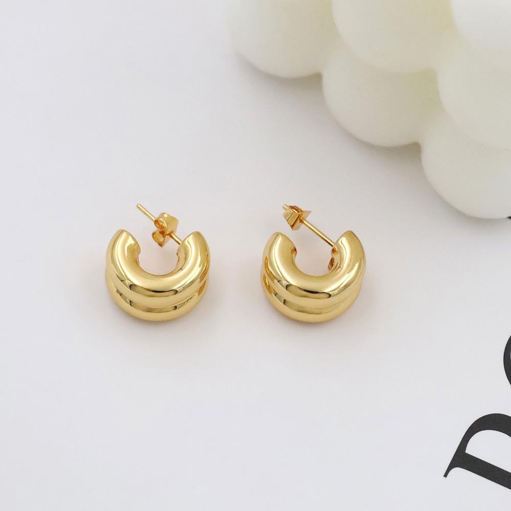 Stylish And Simple Titanium Steel Double-Layer C-Shaped Earrings, Earrings, Women'S 18K Gold-Plated Versatile Stud Earrings, Advanced Sense
