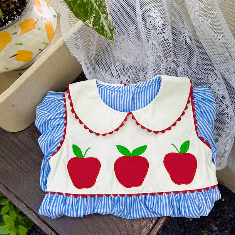 Spring Girls Cartoon Embroidered Dress With Peter Pan Collar Long Sleeve Elegant Children Skirt