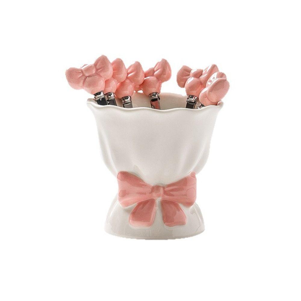 Bowknot Ceramic Fruit Forks Set Creative Solid Color Ceramic Fruit Forks Receipt Jar Ins Style Household