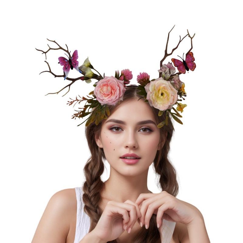 European and American Christmas Forest Girl Antlers Headband Festive Elk Hairpin Branches Flowers Harvest Festival Flowers Elf Headdress