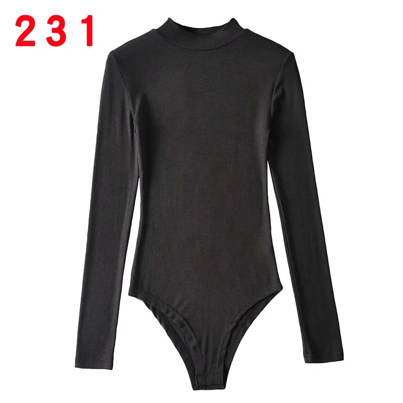 

Half Turtleneck Silm One-Piece Long Sleeves Women s T-shirt Fall and Winter New Fashion Crotch One-Piece Stretch Silm Pure Color Tops Black S