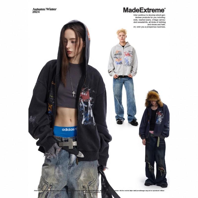 Unisex Hip Hop Graffiti Print Hooded Sweatshirt Loose Fit Long Sleeve Casual Streetwear