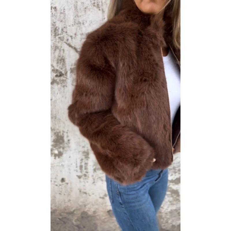 Podzimní Zimní Dámský Kabát Imitace Kožešiny Vysoký Límec Zip Módní Ležérní Vrchní Kabát