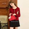 Sancai 2025 Winter Red Ruffle Round Neck Knit Cardigan