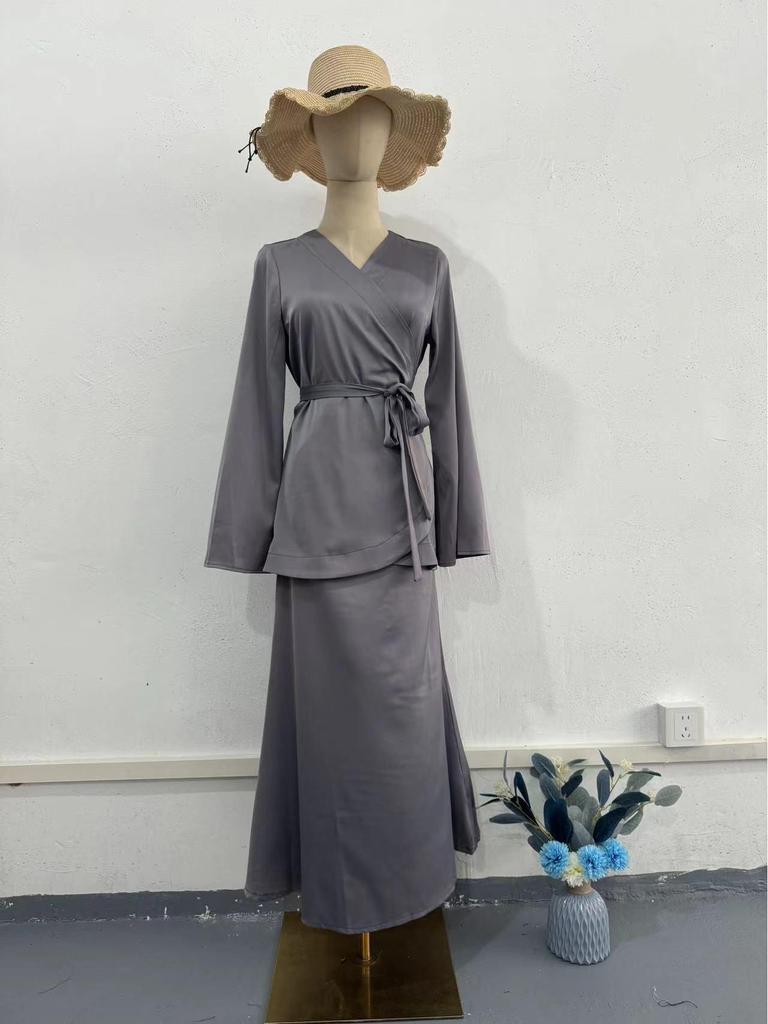 2024 Spring Satin Patchwork Waist-Hugging Long Dress Set for Women