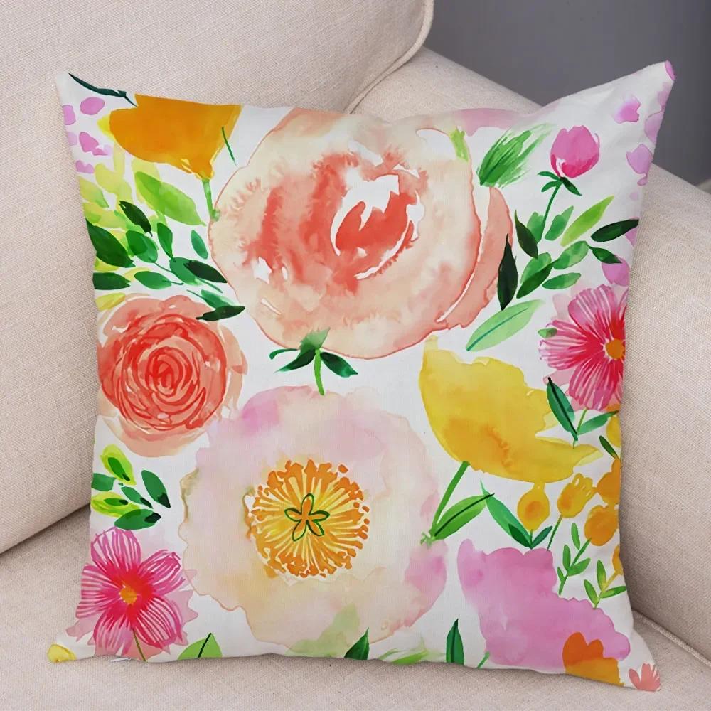 Watercolor Flower Leave Pillow Case Decor Colorful Plant Floal Cushion Cover for Sofa Home Car Soft Plush Pillowcase