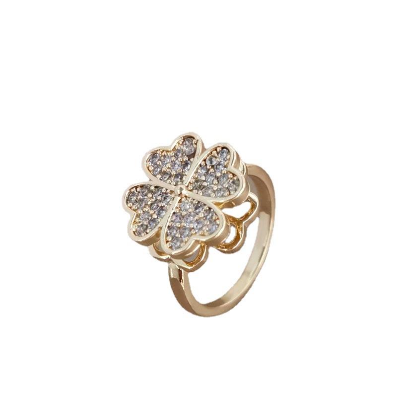 High Grade Luxury Rotating Four Leaf Clover Ring Female Niche Design Open Finger Ring Super Nice Girls Ring