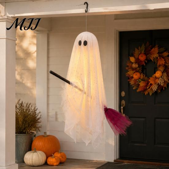 Lighted Flying Ghost Figures Halloween Outdoor Decoration, Large Hanging on Broom, Spooky Cute Party Props Gauze for Tree, Porch, Yard, Patio, Outside