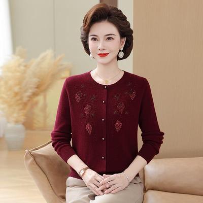 Mom's Elegant Embroidered Wool Cardigan - Stylish Knit Sweater for Middle-Aged and Elderly Women, Perfect for Spring and Autumn.