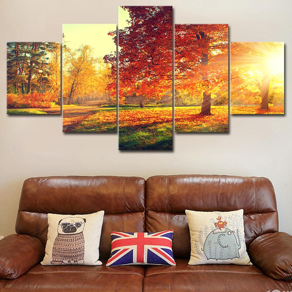 Canvas Painting Modern 5 Pieces/Pcs Sunset Landscape Art Autumn Scenery Live Wall HD Decoration Modular Forest Picture Poster