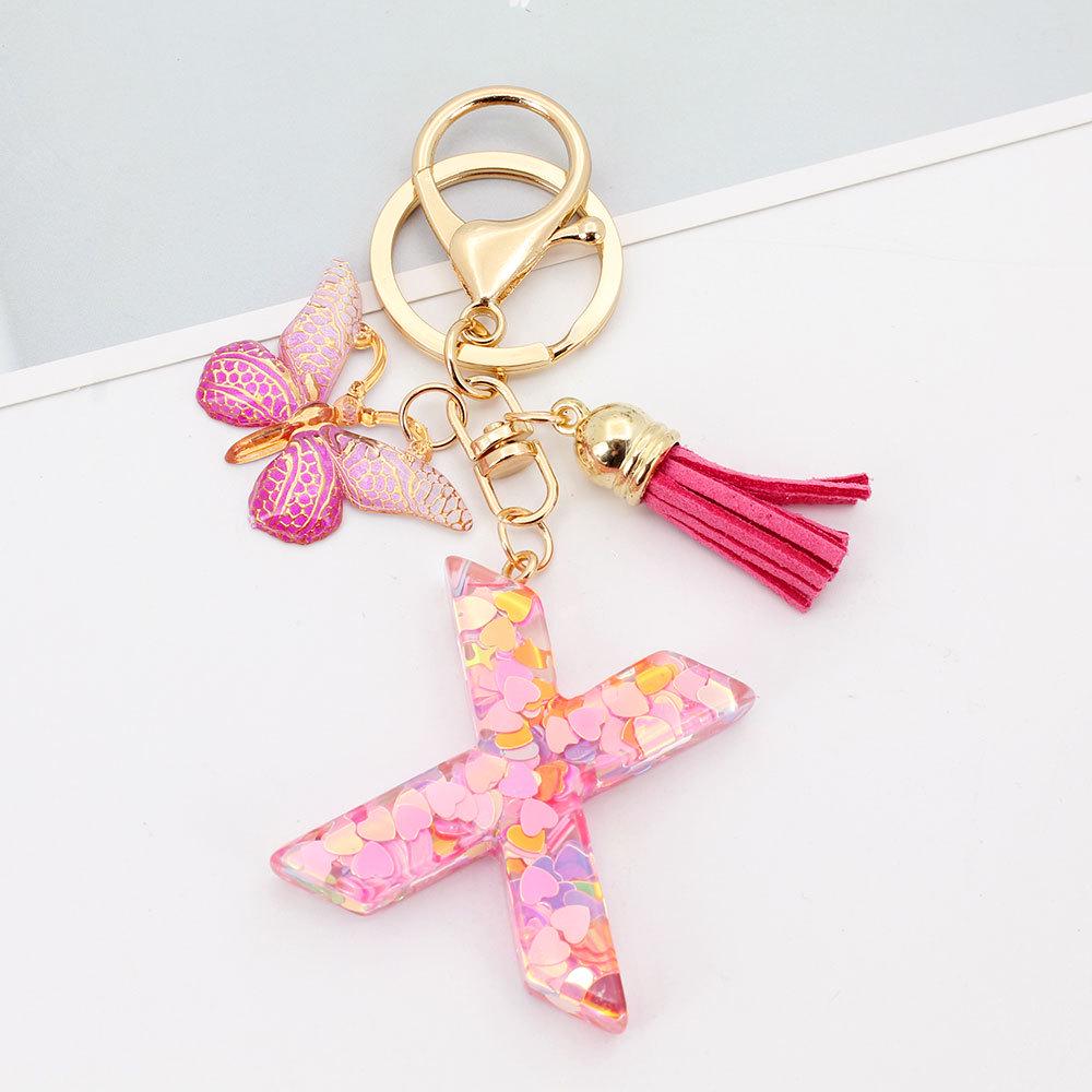 Pink Butterfly Tassel & Resin Sequin Letter Keychain - Backpack Charm for Women