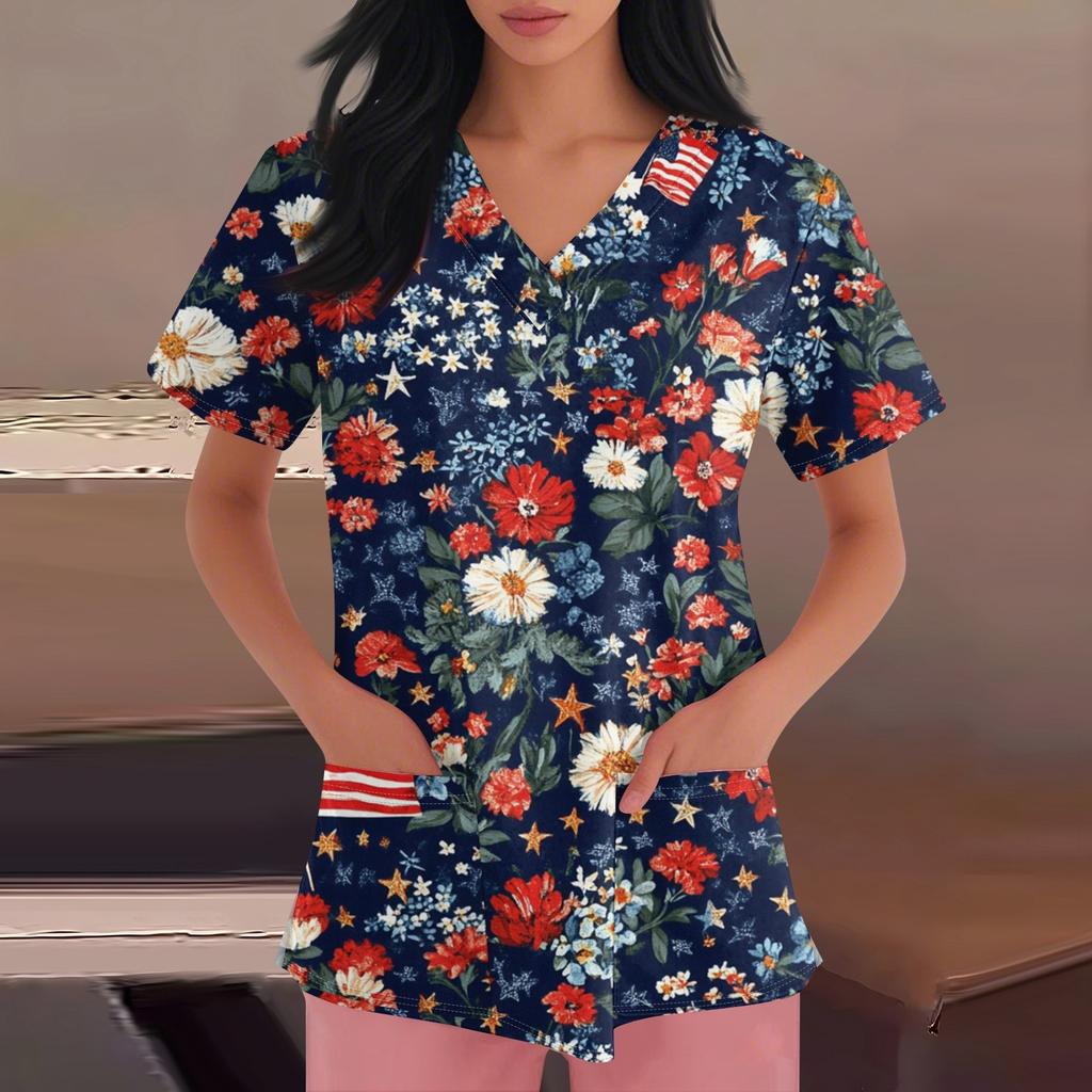 Happy Valentine's Day Women's Fashion V-neck Short Sleeve Workwear With Pockets Tops