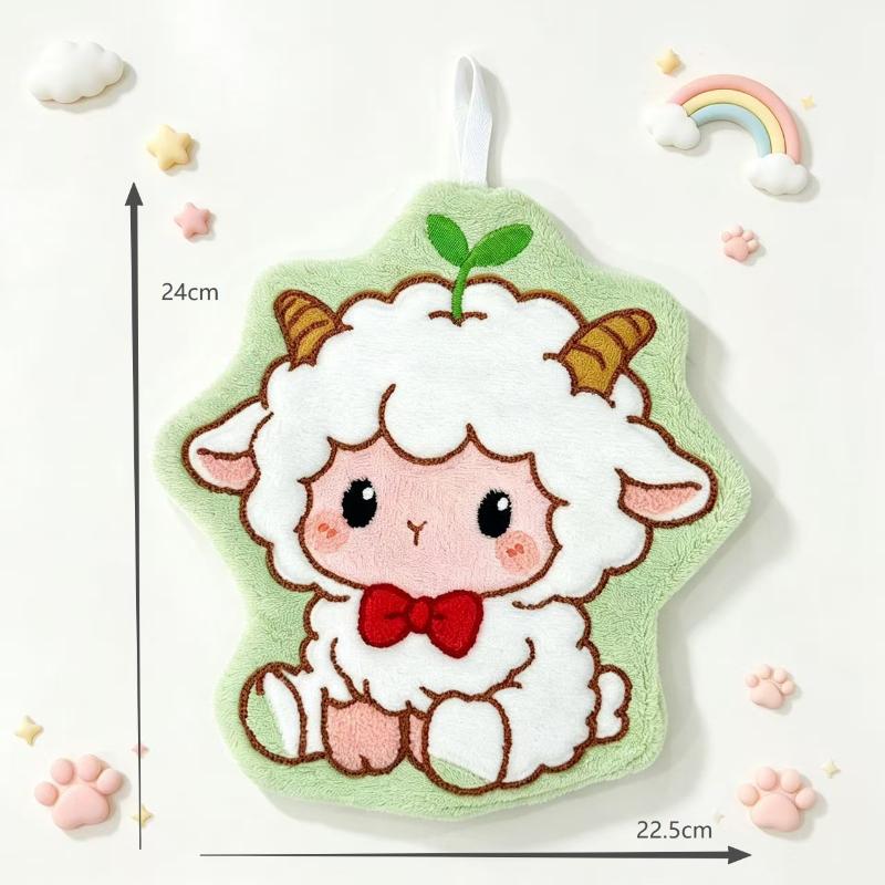 Cute Sheep Shaped Hand Towel Super Absorbent Soft Coral Fleece With Loop For Bathroom Kitchen Use