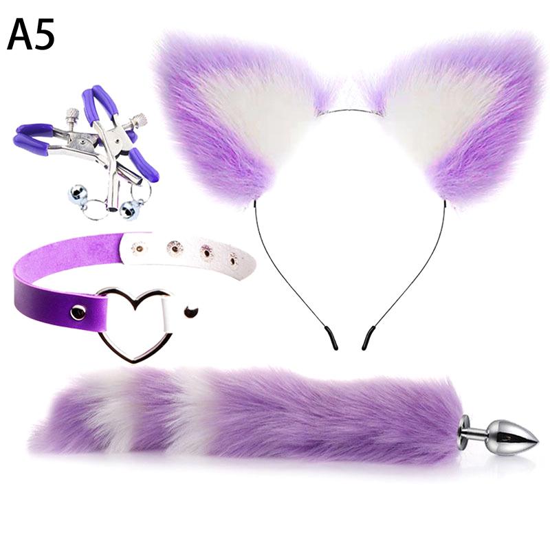 4Pcs Set Cute Fox Butt Tail Collar Anal Plug Nipple Clamp Soft Cat Ears Headbands Cosplay Adult Sex Toys Accessories