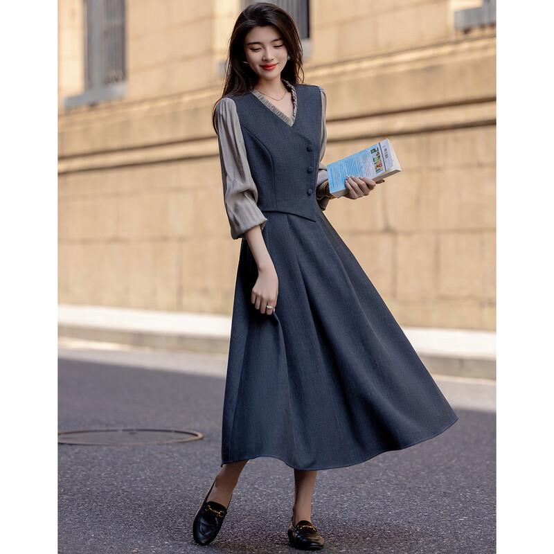 

Women s Retro Faux Two-Piece Ruffle V-Neck A-Line Midi Dress S