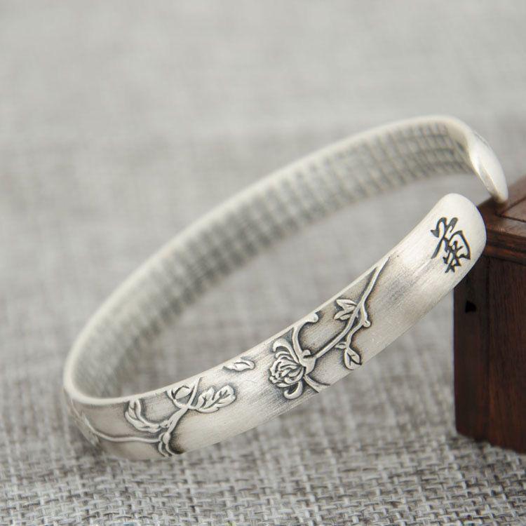 S999 Sterling Silver Retro Matte Plum Blossom Lotus Ginkgo Leaf Openable Women's Bracelet Bangle